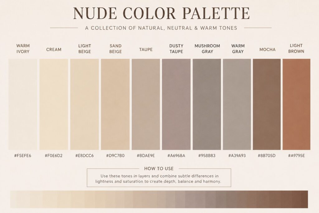 پالت رنگی نود شامل رنگ عاجی گرم و Dusty Taupe در دکوراسیون مینیمال
