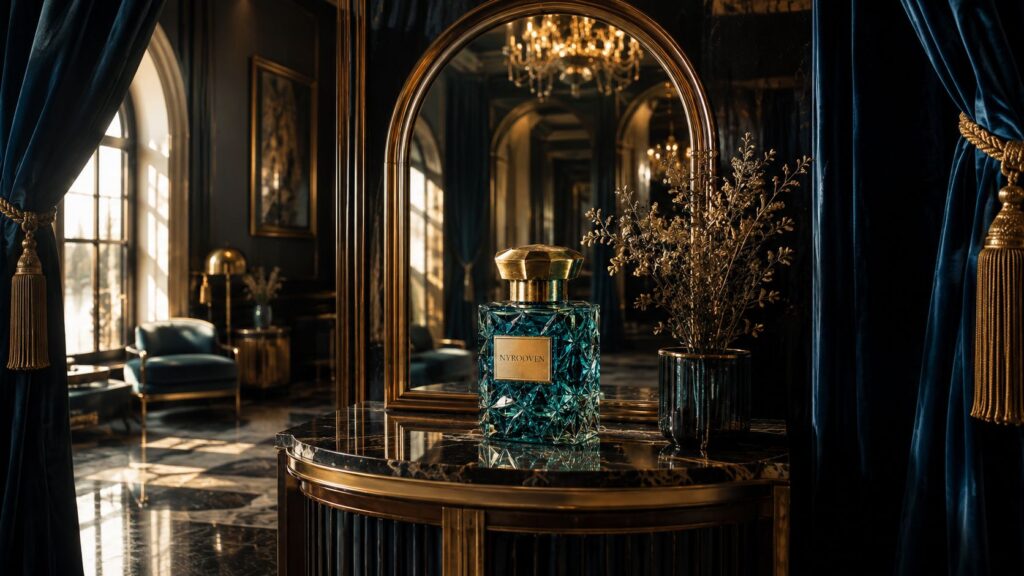 عطر اتمسفر Nyrooven در فضای لوکس با تم طلایی و سرمهای